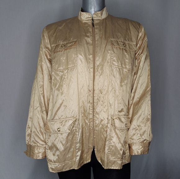 Alfred Dunner Jackets & Blazers - Alfred Dunner Gold Shiny Jacket 22W Metallic Zipper Flap Pocket Snap Mock Neck